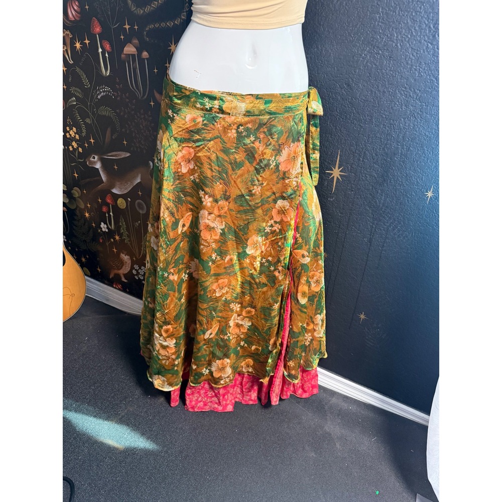 Vintage Just Cruising India Floral Wrap Skirt Gold Pink Rayon Maxi Free Size